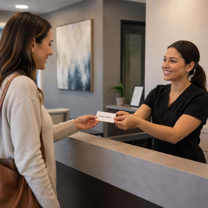 A smiling patient checks out at a modern medical office reception desk while a front desk staff member hands them a Patient Better business card. The friendly exchange represents the transition from an in-office visit to continuing appointment preparation at home using Patient Better resources.