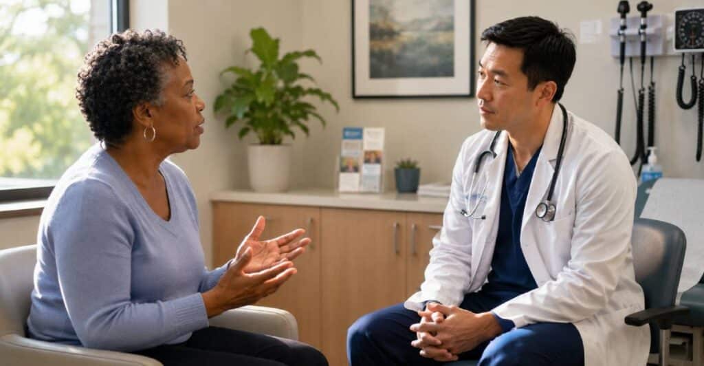 How to talk to your provider about your concerns: patient discussing health concerns with a primary care provider during an office visit