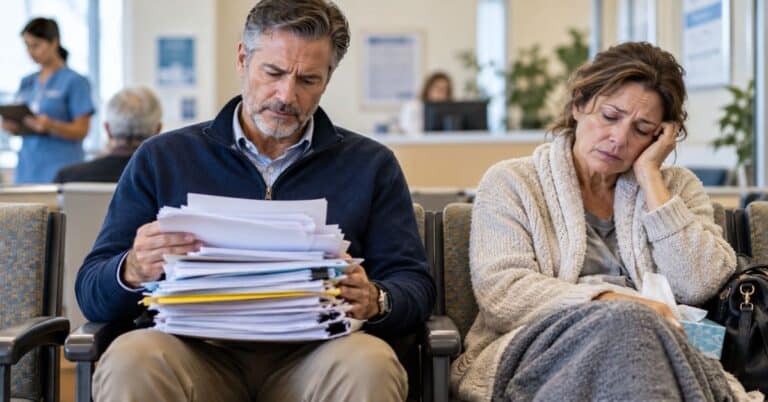 A husband reviews a large stack of medical records while his visibly unwell wife sits beside him in a clinic waiting room, illustrating the challenge of identifying relevant medical information before a doctor's appointment.